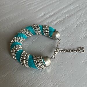 Boho Turquoise Rope Bracelet Silver Chain Accents Adjustable